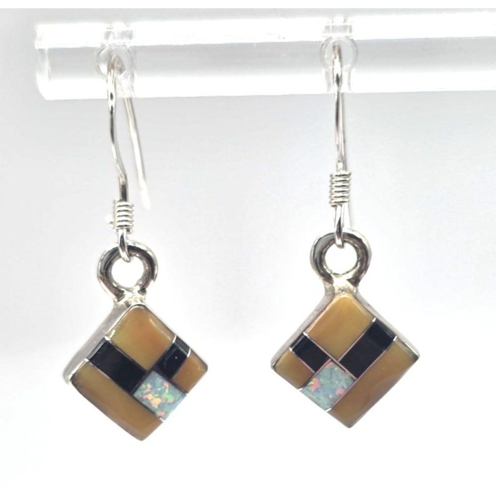 Multi-Gemstone Square Sterling Silver Inlay Earrings Dangles Handmade Dainty NEW